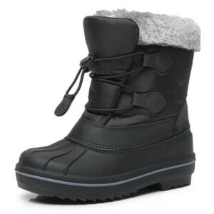 BNQ NEW Kids Snow Boots Black Faux Fur Lined Waterproof Bungee Snow Shoe 30